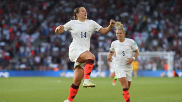 SOUTHAMPTON, ENGLAND - JULY 15: Fran Kirby of England celebrates after scoring her team's first goal during the UEFA Women's Euro England 2022 group A match between Northern Ireland and England at St Mary's Stadium on July 15, 2022 in Southampton, England. (Photo by Harriet Lander/Getty Images)