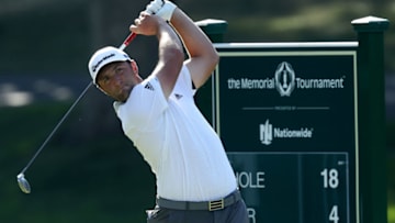 DUBLIN, OHIO - JULY 18: Jon Rahm of Spain plays his shot from the 18th tee during the third round of The Memorial Tournament on July 18, 2020 at Muirfield Village Golf Club in Dublin, Ohio. (Photo by Jamie Squire/Getty Images)