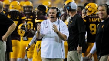 Sep 3, 2016; Tempe, AZ, USA; Arizona State Sun Devils head coach Todd Graham looks on during the first half against the Northern Arizona Lumberjacks at Sun Devil Stadium. Mandatory Credit: Matt Kartozian-USA TODAY Sports