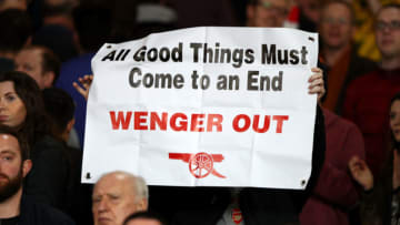 LONDON, ENGLAND - MARCH 11: A Arsenal fan shows their banner in surport of the sacking of Arsene Wenger, Manager of Arsenal (not pictured) during The Emirates FA Cup Quarter-Final match between Arsenal and Lincoln City at Emirates Stadium on March 11, 2017 in London, England. (Photo by Ian Walton/Getty Images)