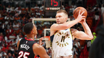 MIAMI, FL - OCTOBER 21: Domantas Sabonis #11 of the Indiana Pacers handles the ball against the Miami Heat on October 21, 2017 at American Airlines Arena in Miami, Florida. NOTE TO USER: User expressly acknowledges and agrees that, by downloading and or using this Photograph, user is consenting to the terms and conditions of the Getty Images License Agreement. Mandatory Copyright Notice: Copyright 2017 NBAE (Photo by Issac Baldizon/NBAE via Getty Images)