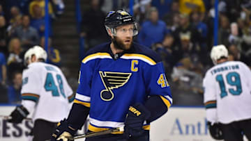 May 15, 2016; St. Louis, MO, USA; St. Louis Blues center David Backes (42) looks on in the game against the San Jose Sharks during the first period in game one of the Western Conference Final of the 2016 Stanley Cup Playoffs at Scottrade Center. Mandatory Credit: Jasen Vinlove-USA TODAY Sports