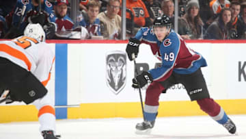 DENVER, CO - MARCH 28: Samuel Girard #49 of the Colorado Avalanche skates against the Philadelphia Flyers at the Pepsi Center on March 28, 2018 in Denver, Colorado. The Flyers defeated the Avalanche 2-1. (Photo by Michael Martin/NHLI via Getty Images)