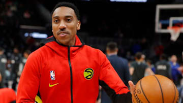 ATLANTA, GA - JANUARY 30: Jeff Teague #00 of the Atlanta Hawks warms up prior to an NBA game against the Philadelphia 76ers at State Farm Arena on January 30, 2020 in Atlanta, Georgia. NOTE TO USER: User expressly acknowledges and agrees that, by downloading and/or using this photograph, user is consenting to the terms and conditions of the Getty Images License Agreement. (Photo by Todd Kirkland/Getty Images)