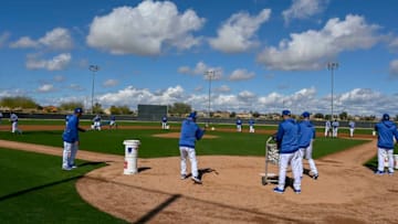 Kansas City Royals coaches hit ground balls to infielders at spring training on Monday, Feb. 18, 2019 in Surprise, Ariz. (John Sleezer/The Kansas City Star/TNS via Getty Images)