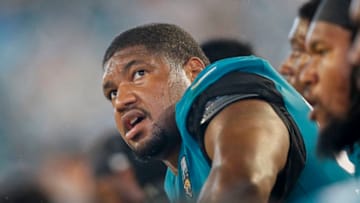 JACKSONVILLE, FLORIDA - SEPTEMBER 19: Calais Campbell #93 of the Jacksonville Jaguars looks on from the sideline during a game against the Tennessee Titans at TIAA Bank Field on September 19, 2019 in Jacksonville, Florida. (Photo by James Gilbert/Getty Images)
