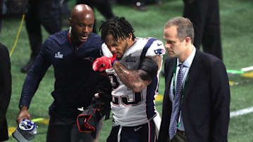ATLANTA, GEORGIA - FEBRUARY 03: Patrick Chung #23 of the New England Patriots walks off the field after sustaining an injury in the third quarter against the Los Angeles Rams during Super Bowl LIII at Mercedes-Benz Stadium on February 03, 2019 in Atlanta, Georgia. (Photo by Streeter Lecka/Getty Images)