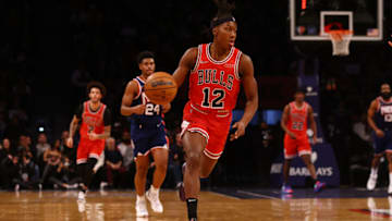 NEW YORK, NEW YORK - DECEMBER 04: Ayo Dosunmu #12 of the Chicago Bulls in action against the Brooklyn Nets at Barclays Center on December 04, 2021 in New York City. NOTE TO USER: User expressly acknowledges and agrees that, by downloading and or using this photograph, user is consenting to the terms and conditions of the Getty Images License Agreement. Chicago Bulls defeated the Brooklyn Nets 111-107. (Photo by Mike Stobe/Getty Images)
