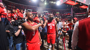OKC Thunder newest member Chris Paul and former teammate James Harden, (Photo by Bill Baptist/NBAE via Getty Images)