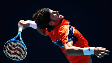 MELBOURNE, AUSTRALIA - JANUARY 16: Feliciano Lopez of Spain serves in his first round match against Sam Querrey of the United States on day two of the 2018 Australian Open at Melbourne Park on January 16, 2018 in Melbourne, Australia. (Photo by Scott Barbour/Getty Images)