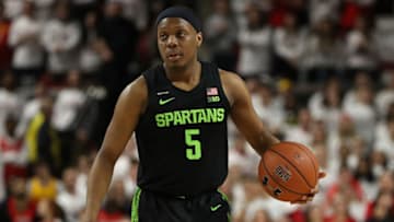 COLLEGE PARK, MARYLAND - FEBRUARY 29: Cassius Winston #5 of the Michigan State Spartans dribbles against the Maryland Terrapins during the first half at Xfinity Center on February 29, 2020 in College Park, Maryland. (Photo by Patrick Smith/Getty Images)