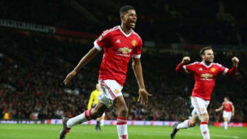 MANCHESTER, ENGLAND - FEBRUARY 25: Marcus Rashford of Manchester United celebrates scoring his team's third goal during the UEFA Europa League Round of 32 second leg match between Manchester United and FC Midtjylland at Old Trafford on February 25, 2016 in Manchester, United Kingdom. (Photo by Alex Livesey/Getty Images)