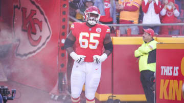 Nov 7, 2021; Kansas City, Missouri, USA; Kansas City Chiefs guard Trey Smith (65) is introduced against the Green Bay Packers before the game at GEHA Field at Arrowhead Stadium. Mandatory Credit: Denny Medley-USA TODAY Sports