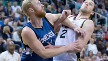 Mar 23, 2015; Salt Lake City, UT, USA; Minnesota Timberwolves forward Chase Budinger (10) boxes out Utah Jazz forward Joe Ingles (2) during the second half at EnergySolutions Arena. Minnesota won in overtime 106-104. Mandatory Credit: Russ Isabella-USA TODAY Sports