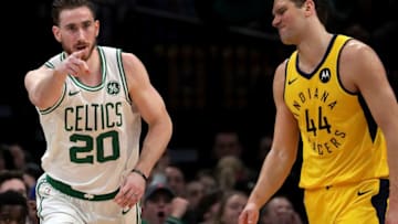 BOSTON - JANUARY 9: Indiana Pacers forward Bojan Bogdanovic (44) reacts after Boston Celtics forward Gordon Hayward (20) scored a three-point basket for a 20 point lead and a 87-67 score in the third quarter. The Boston Celtics host the Indiana Pacers in a regular season NBA basketball game at TD Garden in Boston on Jan. 9, 2019. (Photo by Barry Chin/The Boston Globe via Getty Images)