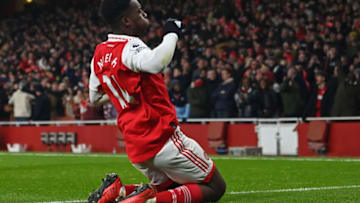 Arsenal's English striker Eddie Nketiah celebrates after scoring their third goal during the English Premier League football match between Arsenal and Manchester United at the Emirates Stadium in London on January 22, 2023. - - RESTRICTED TO EDITORIAL USE. No use with unauthorized audio, video, data, fixture lists, club/league logos or 'live' services. Online in-match use limited to 120 images. An additional 40 images may be used in extra time. No video emulation. Social media in-match use limited to 120 images. An additional 40 images may be used in extra time. No use in betting publications, games or single club/league/player publications. (Photo by Glyn KIRK / AFP) / RESTRICTED TO EDITORIAL USE. No use with unauthorized audio, video, data, fixture lists, club/league logos or 'live' services. Online in-match use limited to 120 images. An additional 40 images may be used in extra time. No video emulation. Social media in-match use limited to 120 images. An additional 40 images may be used in extra time. No use in betting publications, games or single club/league/player publications. / RESTRICTED TO EDITORIAL USE. No use with unauthorized audio, video, data, fixture lists, club/league logos or 'live' services. Online in-match use limited to 120 images. An additional 40 images may be used in extra time. No video emulation. Social media in-match use limited to 120 images. An additional 40 images may be used in extra time. No use in betting publications, games or single club/league/player publications. (Photo by GLYN KIRK/AFP via Getty Images)