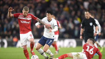 MIDDLESBROUGH, ENGLAND - JANUARY 05: Heung-Min Son of Tottenham Hotspur is tackled by Adam Clayton and Jonny Howson of Middlesbrough during the FA Cup Third Round match between Middlesbrough and Tottenham Hotspur at Riverside Stadium on January 05, 2020 in Middlesbrough, England. (Photo by Michael Regan/Getty Images)