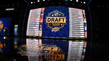 Jun 28, 2023; Nashville, Tennessee, USA; The draft board after round one of the 2023 NHL Draft at Bridgestone Arena. Mandatory Credit: Christopher Hanewinckel-USA TODAY Sports