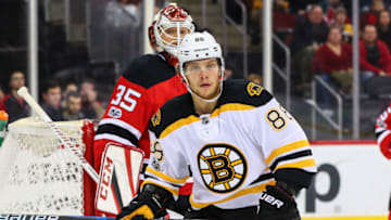 NEWARK, NJ - JANUARY 02: Boston Bruins right wing David Pastrnak (88) during the first period of the National Hockey League game between the New Jersey Devils and the Boston Bruins on January 02, 2017, at the Prudential Center in Newark, NJ. (Photo by Rich Graessle/Icon Sportswire via Getty Images)
