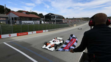 MONTEREY, CALIFORNIA - SEPTEMBER 22: Colton Herta #88 of United States and Capstone Turbine Honda crosses the finish line to win the NTT IndyCar Series Firestone Grand Prix of Monterey at WeatherTech Raceway Laguna Seca on September 22, 2019 in Monterey, California. (Photo by Robert Reiners/Getty Images)