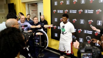 Kyle Lowry #7 of the Miami Heat is interviewed during media day at FTX Aren(Photo by Megan Briggs/Getty Images)