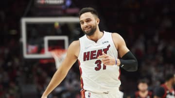 Miami Heat guard Max Strus (31) smiles after scoring a three point basket(Troy Wayrynen-USA TODAY Sports)
