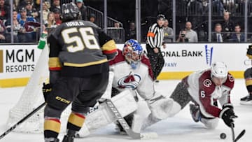 LAS VEGAS, NV - MARCH 26: Semyon Varlamov #1 and Erik Johnson #6 of the Colorado Avalanche defend their goal against Erik Haula #56 of the Vegas Golden Knights during the game at T-Mobile Arena on March 26, 2018 in Las Vegas, Nevada. (Photo by Jeff Bottari/NHLI via Getty Images)