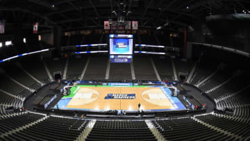 JACKSONVILLE, FL - MARCH 20: The NCAA March Madness logo on the floor during the NCAA Basketball First round practice session at the VyStar Veterans Memorial Arena on March 20, 2019 in Jacksonville, Florida. (Photo by Mitchell Layton/Getty Images)