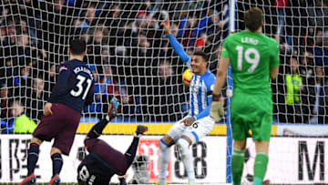 HUDDERSFIELD, ENGLAND - FEBRUARY 09: Karlan Grant of Huddersfield Town celebrates after scoring his team's first goal during the Premier League match between Huddersfield Town and Arsenal FC at John Smith's Stadium on February 9, 2019 in Huddersfield, United Kingdom. (Photo by Gareth Copley/Getty Images)