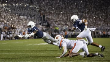 STATE COLLEGE, PA - SEPTEMBER 18: Jaquan Brisker #1 of the Penn State Nittany Lions breaks up a pass intended for Demetris Robertson #0 of the Auburn Tigers during the second half at Beaver Stadium on September 18, 2021 in State College, Pennsylvania. (Photo by Scott Taetsch/Getty Images)