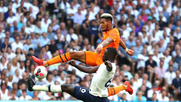 LONDON, ENGLAND - AUGUST 25: Joelinton of Newcastle United is challenged by Davinson Sanchez of Tottenham Hotspur during the Premier League match between Tottenham Hotspur and Newcastle United at Tottenham Hotspur Stadium on August 25, 2019 in London, United Kingdom. (Photo by Catherine Ivill/Getty Images)