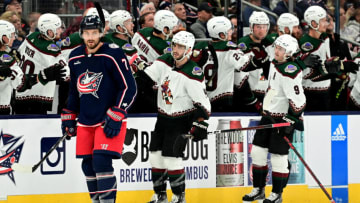 COLUMBUS, OHIO - OCTOBER 25: Shayne Gostisbehere #14 of the Arizona Coyotes celebrates his goal against the Columbus Blue Jackets during the second period at Nationwide Arena on October 25, 2022 in Columbus, Ohio. (Photo by Emilee Chinn/Getty Images)