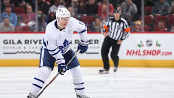 Zach Hyman #11 of the Toronto Maple Leafs skates with the puck during the NHL game Arizona Coyotes at Gila River Arena. (Photo by Christian Petersen/Getty Images)