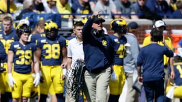 ANN ARBOR, MI - SEPTEMBER 07: Head coach Jim Harbaugh of the Michigan Wolverines during the first half of a game against the Army Black Knights at Michigan Stadium on September 7, 2019 in Ann Arbor, Michigan. (Photo by Duane Burleson/Getty Images)