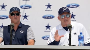 Jul 29, 2016, Oxnard, CA, USA; Dallas Cowboys executive vice president Stephen Jones (left) and owner Jerry Jones at press conference at the River Ridge Fields. Mandatory Credit: Kirby Lee-USA TODAY Sports