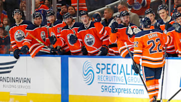 Apr 29, 2022; Edmonton, Alberta, CAN; The Edmonton Oilers celebrate a goal by defensemen Tyson Barrie (22) during the third period against Vancouver Canucks at Rogers Place. Mandatory Credit: Perry Nelson-USA TODAY Sports