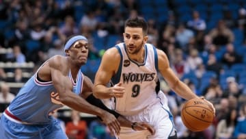 Dec 18, 2015; Minneapolis, MN, USA; Minnesota Timberwolves guard Ricky Rubio (9) dribbles in the third quarter against the Sacramento Kings guard Rajon Rondo (9) at Target Center. The Minnesota Timberwolves beat the Sacramento Kings 99-95. Mandatory Credit: Brad Rempel-USA TODAY Sports