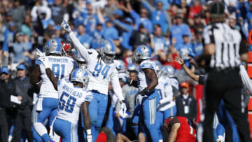 TAMPA, FL - DECEMBER 10: Detroit Lions players celebrate after recovering a fumble in the second quarter of a game against the Tampa Bay Buccaneers at Raymond James Stadium on December 10, 2017 in Tampa, Florida. (Photo by Joe Robbins/Getty Images)