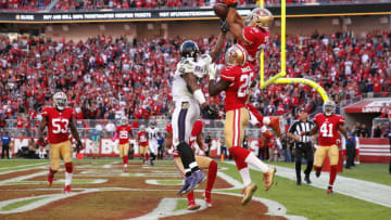 SANTA CLARA, CA - OCTOBER 18: Free safety Eric Reid #35 and cornerback Tramaine Brock #26 of the San Francisco 49ers break up a pass in the endzone intended for wide receiver Steve Smith #89 of the Baltimore Ravens on the last play of their game at Levi's Stadium on October 18, 2015 in Santa Clara, California. (Photo by Ezra Shaw/Getty Images)