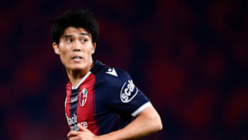 STADIO RENATO DALL'ARA, BOLOGNA, ITALY - 2021/05/23: Takehiro Tomiyasu of Bologna FC looks on during the Serie A football match between Bologna FC and Juventus FC. Juventus FC won 4-1 over Bologna FC. (Photo by Nicolò Campo/LightRocket via Getty Images)