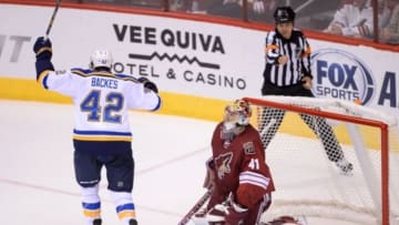 Oct 18, 2014; Glendale, AZ, USA; Arizona Coyotes goalie Mike Smith (41) and St. Louis Blues center David Backes (42) react after a goal by St. Louis Blues left wing Alexander Steen (not pictured) during the second period at Gila River Arena. Mandatory Credit: Joe Camporeale-USA TODAY Sports