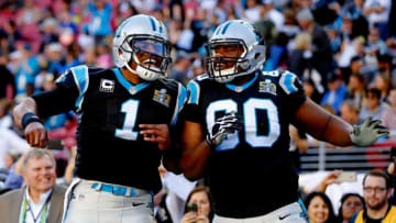SANTA CLARA, CA - FEBRUARY 07: Cam Newton #1 of the Carolina Panthers and Daryl Williams #60 react prior to Super Bowl 50 against the Denver Broncos at Levi's Stadium on February 7, 2016 in Santa Clara, California. (Photo by Kevin C. Cox/Getty Images)