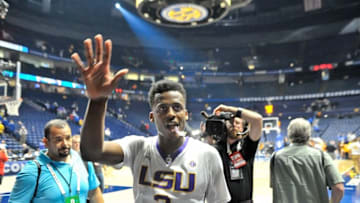 Mar 11, 2016; Nashville, TN, USA; LSU Tigers guard Antonio Blakeney (2) waves to fans as he leaves the floor after defeating the Tennessee Volunteers in game seven of the SEC tournament at Bridgestone Arena. LSU won 84-75. Mandatory Credit: Jim Brown-USA TODAY Sports