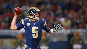 Nov 15, 2015; St. Louis, MO, USA; St. Louis Rams quarterback Nick Foles (5) drops back for a pass during the first half against the Chicago Bears at the Edward Jones Dome. Mandatory Credit: Billy Hurst-USA TODAY Sports