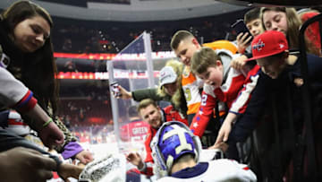 PHILADELPHIA, PENNSYLVANIA - MARCH 06: Fans greet Pheonix Copley #1 of the Washington Capitals during warm-ups prior to the game against the Philadelphia Flyers at the Wells Fargo Center on March 06, 2019 in Philadelphia, Pennsylvania. (Photo by Bruce Bennett/Getty Images)