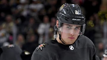 LAS VEGAS, NEVADA - MARCH 03: Zach Whitecloud #2 of the Vegas Golden Knights takes a break during a stop in play in the third period of a game against the New Jersey Devils at T-Mobile Arena on March 3, 2020 in Las Vegas, Nevada. The Golden Knights defeated the Devils 3-0. (Photo by Ethan Miller/Getty Images)