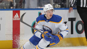 TORONTO, CANADA - NOVEMBER 19: Jack Quinn #22 of the Buffalo Sabres skates against the Toronto Maple Leafs during an NHL game at Scotiabank Arena on November 19, 2022 in Toronto, Ontario, Canada. The Maple Leafs defeated the Sabres 5-2. (Photo by Claus Andersen/Getty Images)