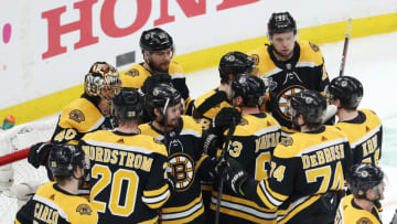 BOSTON, MASSACHUSETTS - MAY 27: The Boston Bruins celebrate their 4-2 win over the St. Louis Blues in Game One of the 2019 NHL Stanley Cup Final at TD Garden on May 27, 2019 in Boston, Massachusetts. (Photo by Patrick Smith/Getty Images)