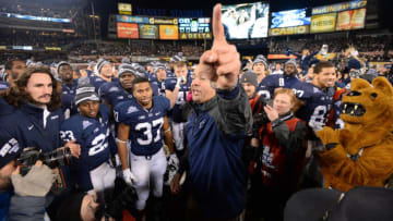 Dec 27, 2014; Bronx, NY, USA; Penn State Nittany Lions head coach James Franklin celebrates with players after overtime of the 2014 Pinstripe Bowl against the Boston College Eagles at Yankee Stadium. Penn State won 31-30 in overtime Mandatory Credit: Joe Camporeale-USA TODAY Sports