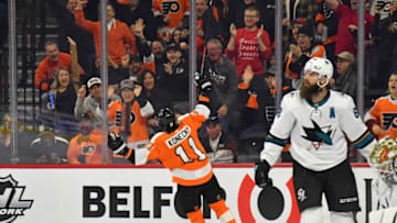 Feb 25, 2020; Philadelphia, Pennsylvania, USA; Philadelphia Flyers right wing Travis Konecny (11) celebrates his goal against the San Jose Sharks during the second period at Wells Fargo Center. Mandatory Credit: Eric Hartline-USA TODAY Sports